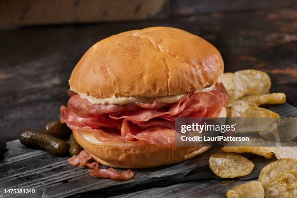 fried mortadella sandwich with provolone cheese - baloney 個照片及圖片檔