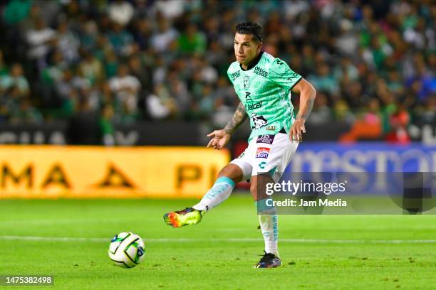 Lucas Romero of Leon kicks the ball during the 12th round match between Leon and Santos Laguna as part of the Torneo Clausura 2023 Liga MX at Leon...