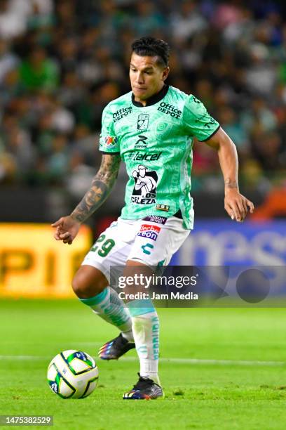 Lucas Romero of Leon kicks the ball during the 12th round match between Leon and Santos Laguna as part of the Torneo Clausura 2023 Liga MX at Leon...