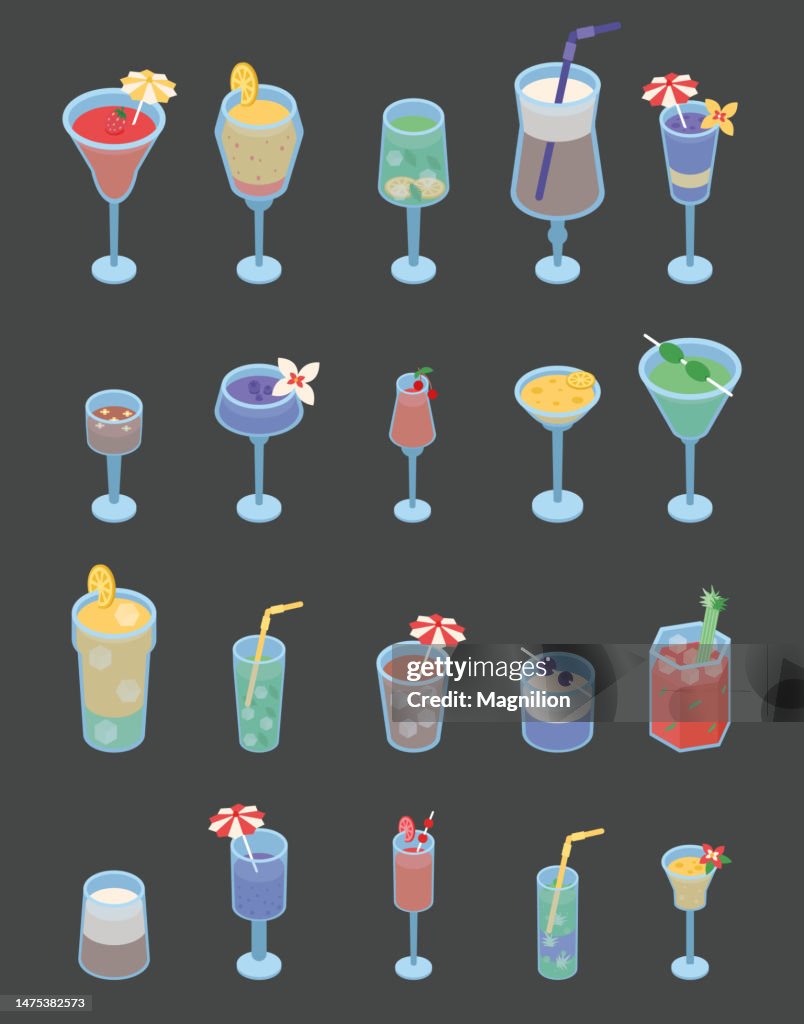 Summer Cocktails Isometric Vector Set