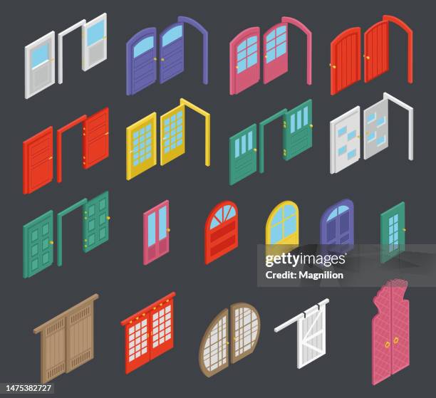 different types of doors isometry set - sliding door exit stock illustrations