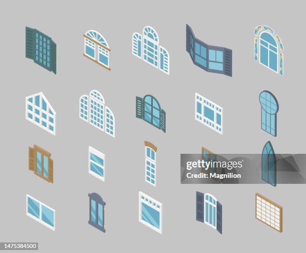 bildbanksillustrationer, clip art samt tecknat material och ikoner med different types of windows isometry set - window awnings