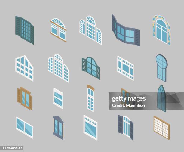 different types of windows isometry set - window awnings 幅插畫檔、美工圖案、卡通及圖標