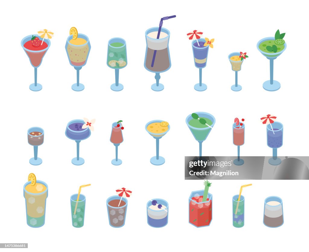 Cócteles de verano Isometric Vector Set
