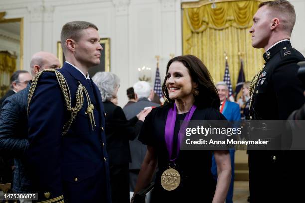 Actress Julia Louis-Dreyfus departs from a ceremony honoring the recipients of the 2021 National Humanities Medals and the 2021 National Medals of...