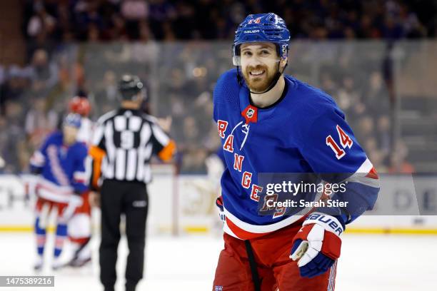 Tyler Motte of the New York Rangers looks on during the second period against the Carolina Hurricanes at Madison Square Garden on March 21, 2023 in...