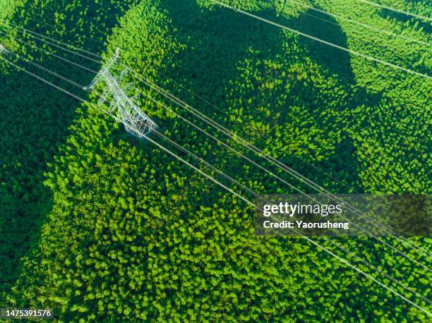 high voltage power transmission towers on top of mountains. - power mast stock pictures, royalty-free photos & images