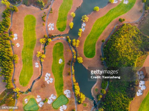 aerial view of a golf course sport, green grass and trees on a golf field - bunker campo da golf - fotografias e filmes do acervo