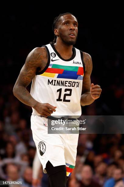 Taurean Prince of the Minnesota Timberwolves looks on during the second half against the New York Knicks at Madison Square Garden on March 20, 2023...