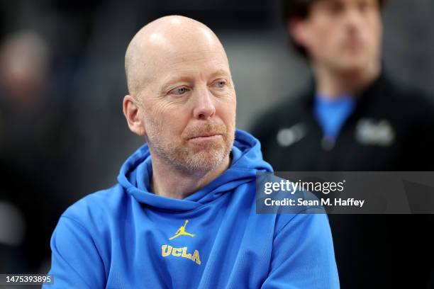 Head coach Mick Cronin of the UCLA Bruins looks on during practice at T-Mobile Arena on March 22, 2023 in Las Vegas, Nevada.