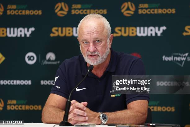 Socceroos head coach Graham Arnold speaks to the media during a Socceroos Media Opportunity at Accor Stadium on March 23, 2023 in Sydney, Australia.