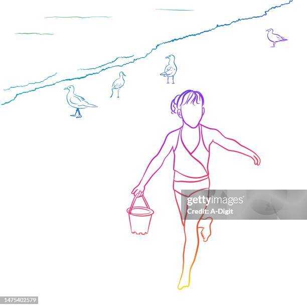 illustrazioni stock, clip art, cartoni animati e icone di tendenza di infanzia estate beach days ragazza arcobaleno - secchio di sabbia