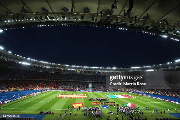 General view as the Spain and Italy players line up before the UEFA EURO 2012 final match between Spain and Italy at the Olympic Stadium on July 1,...