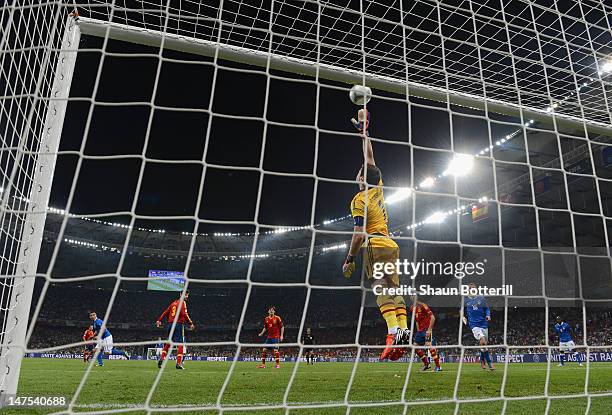 Iker Casillas of Spain makes a save during the UEFA EURO 2012 final match between Spain and Italy at the Olympic Stadium on July 1, 2012 in Kiev,...