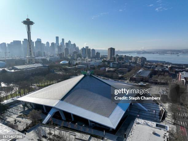 An aerial view of Climate Pledge Arena and the Space Needle before the Women's NCAA Basketball Tournament on March 22, 2023 in Seattle, Washington.