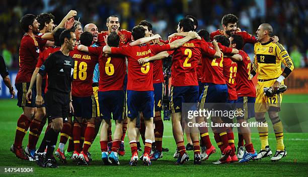 Spain players celebrate victory after the UEFA EURO 2012 final match between Spain and Italy at the Olympic Stadium on July 1, 2012 in Kiev, Ukraine.