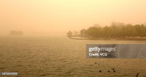 Floating dust and sand shroud the Daming Lake Scenic Area on March 22, 2023 in Jinan, Shandong Province of China.