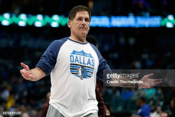 Dallas Mavericks owner Mark Cuban reacts during a timeout in the game against the Golden State Warriors at American Airlines Center on March 22, 2023...