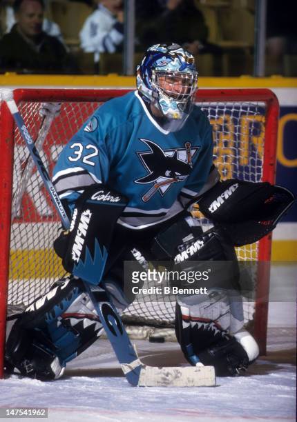 Goalie Kelly Hrudey of the San Jose Sharks warms up before an NHL game against the Toronto Maple Leafs on November 25, 1997 at the Maple Leaf Gardens...