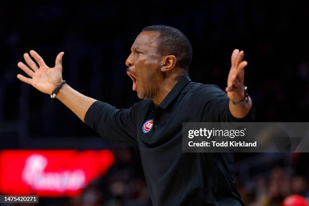 Head coach Dwane Casey of the Detroit Pistons reacts during the first half against the Atlanta Hawks at State Farm Arena on March 21, 2023 in...