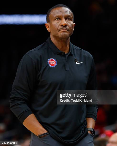 Head coach Dwane Casey of the Detroit Pistons reacts during the first half against the Atlanta Hawks at State Farm Arena on March 21, 2023 in...