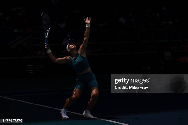 Bianca Andreescu of Canada serves against Emma Raducanu of Great Britain in the Miami Open at the Hard Rock Stadium on March 22, 2023 in Miami...