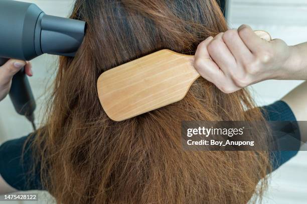 rear view of young asian woman using a comb for brushing her hair with a hair dryer for blowing water to dry her hair. - drying hair stock pictures, royalty-free photos & images