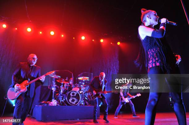 Steve Marker, Butch Vig, Duke Erikson, Eric Avery and Shirley Manson of Garbage performs on stage at Brixton Academy on July 1, 2012 in London,...