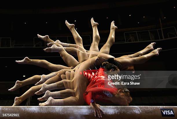 Alicia Sacramone practices on the beam before the start of competition on day 4 of the 2012 U.S. Olympic Gymnastics Team Trials at HP Pavilion on...