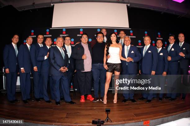 Álex Kaffie , Juan Tellez , Mónica Noguera and La Sonora Santanera attends the presentation of the TV show 'Llego La Hora' at Imagen TV Facilities on...