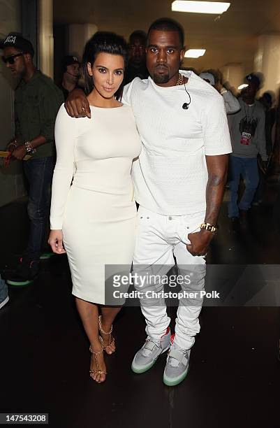 Television personality Kim Kardashian and rapper Kanye West attend the 2012 BET Awards at The Shrine Auditorium on July 1, 2012 in Los Angeles,...