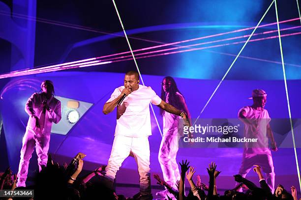 Kanye West Pusha T, 2 Chainz and Big Sean perform onstage during the 2012 BET Awards at The Shrine Auditorium on July 1, 2012 in Los Angeles,...