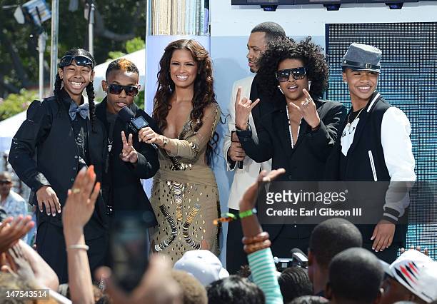 Rappers Princeton, Prodigy, TV Personalities Terrence J, Rocsi Diaz, rappers Ray Ray and Roc Royal of Mindless Behavior on stage at the 2012 BET...