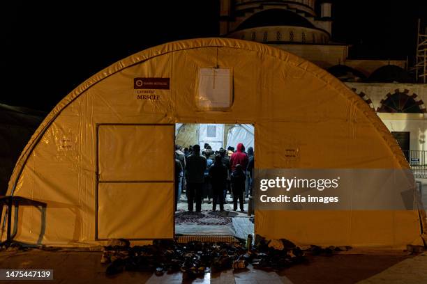 The first tarawih prayer in the tent city on March 23, 2023 in Gaziantep, Türkiye. The month of Ramadan, when Muslims fast, has arrived. In areas...