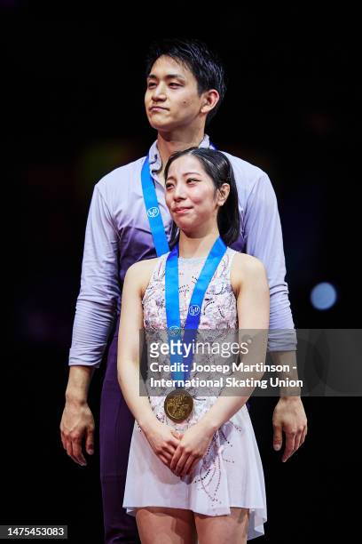 Riku Miura and Ryuichi Kihara of Japan pose in the Pairs medal ceremony during the ISU World Figure Skating Championships at Saitama Super Arena on...