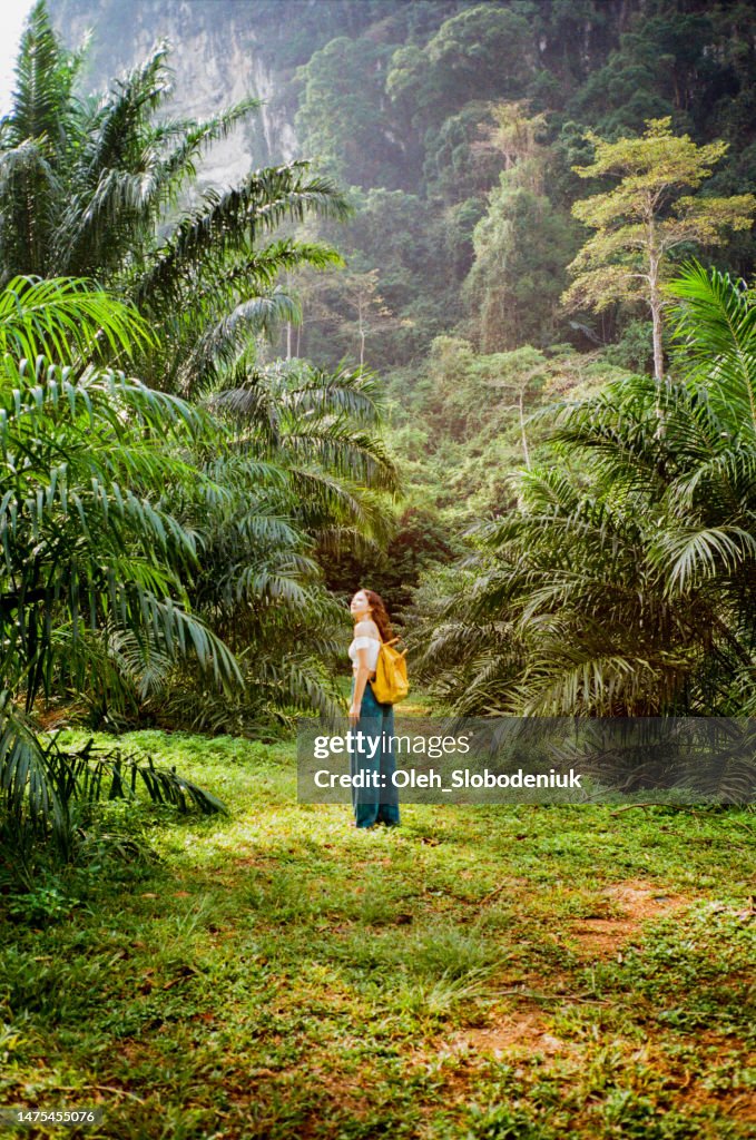 Woman walking on the path through the jungles
