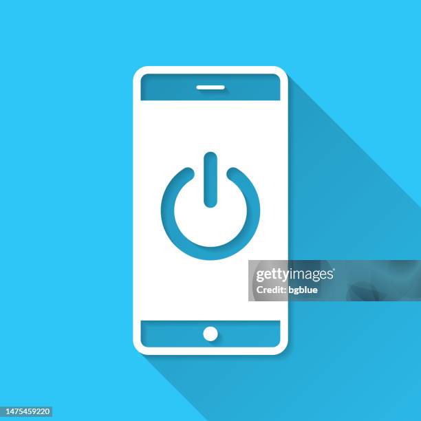 smartphone with power button. icon on blue background - flat design with long shadow - start or stop button stock illustrations