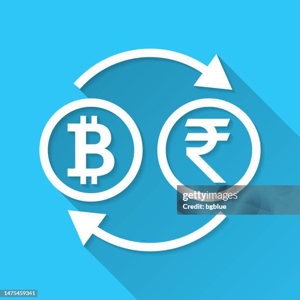 currency exchange - bitcoin indian rupee. icon on blue background - flat design with long shadow - rupee stock illustrations