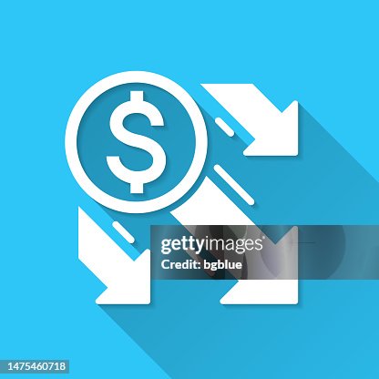 Dollar decrease. Icon on blue background - Flat Design with Long Shadow Dollar decrease. Icon on blue background - Flat Design with Long Shadow