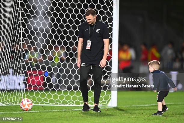 Tommy Smith of the All Whites plays soccer with his son following the International Friendly match between the New Zealand All Whites and China PR at...
