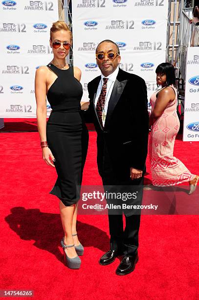 Director Spike Lee and Tonya Lewis arrive at the 2012 BET Awards at The Shrine Auditorium on July 1, 2012 in Los Angeles, California.