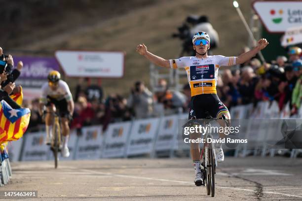 Remco Evenepoel of Belgium and Team Soudal Quick-Step - Yellow Best Young Rider Jersey celebrates at finish line as stage winner ahead of Primoz...