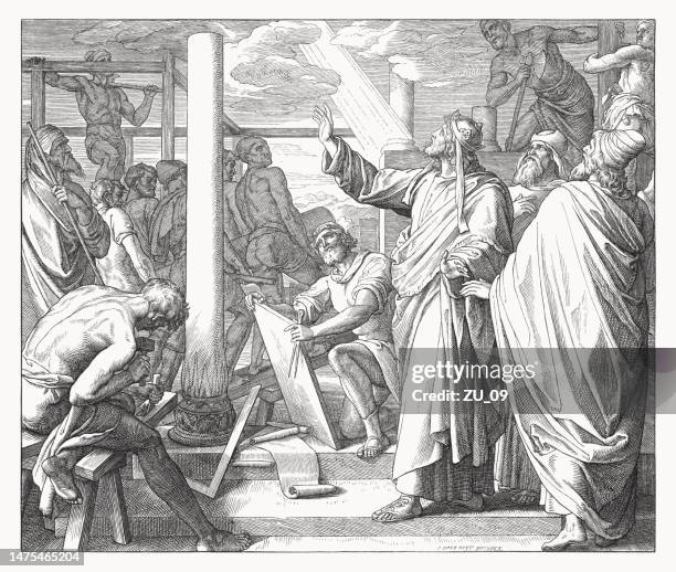 solomon builds the house of the lord (1 kings 6) - solomon house stock illustrations