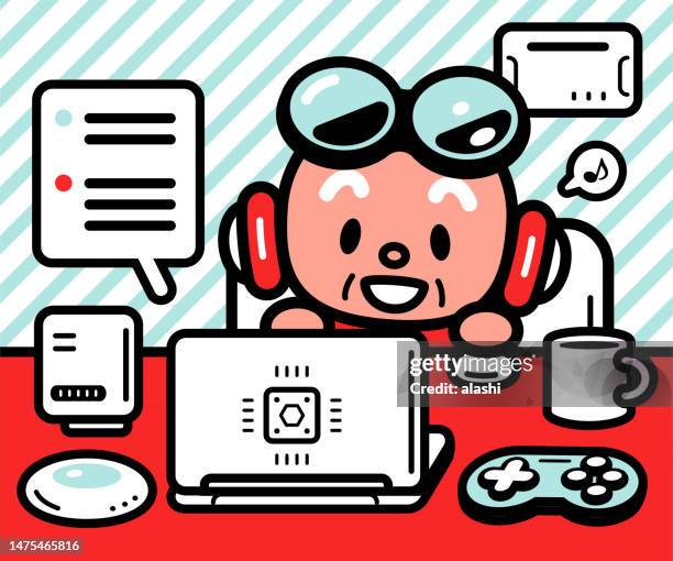 a cute senior man sitting at a desk and using a laptop and chatting with an ai - hairless mouse stock illustrations