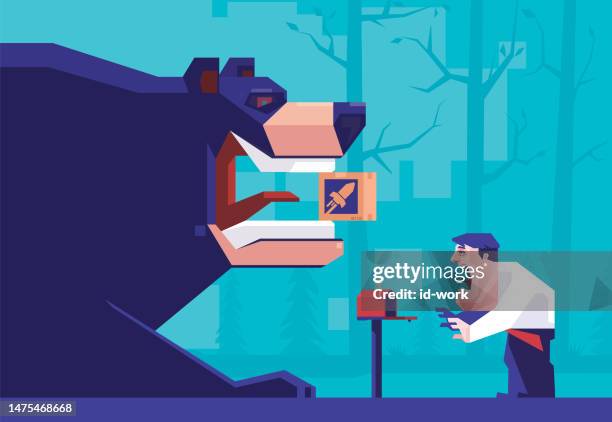 geschäftsmann schockiert beim treffen mit bär, der ein paket neben dem briefkasten hält - cartoon eating food stock-grafiken, -clipart, -cartoons und -symbole