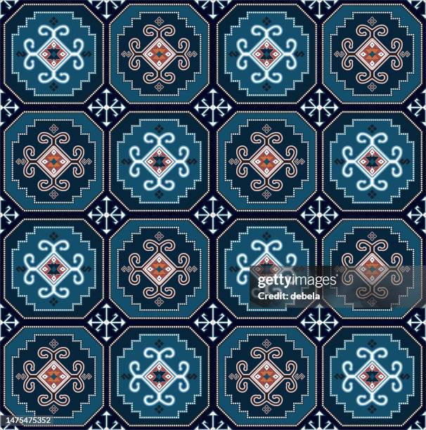 Blue Ethnic Motif Pattern Upholstery Textile Design Turkish Rug Fabric ...