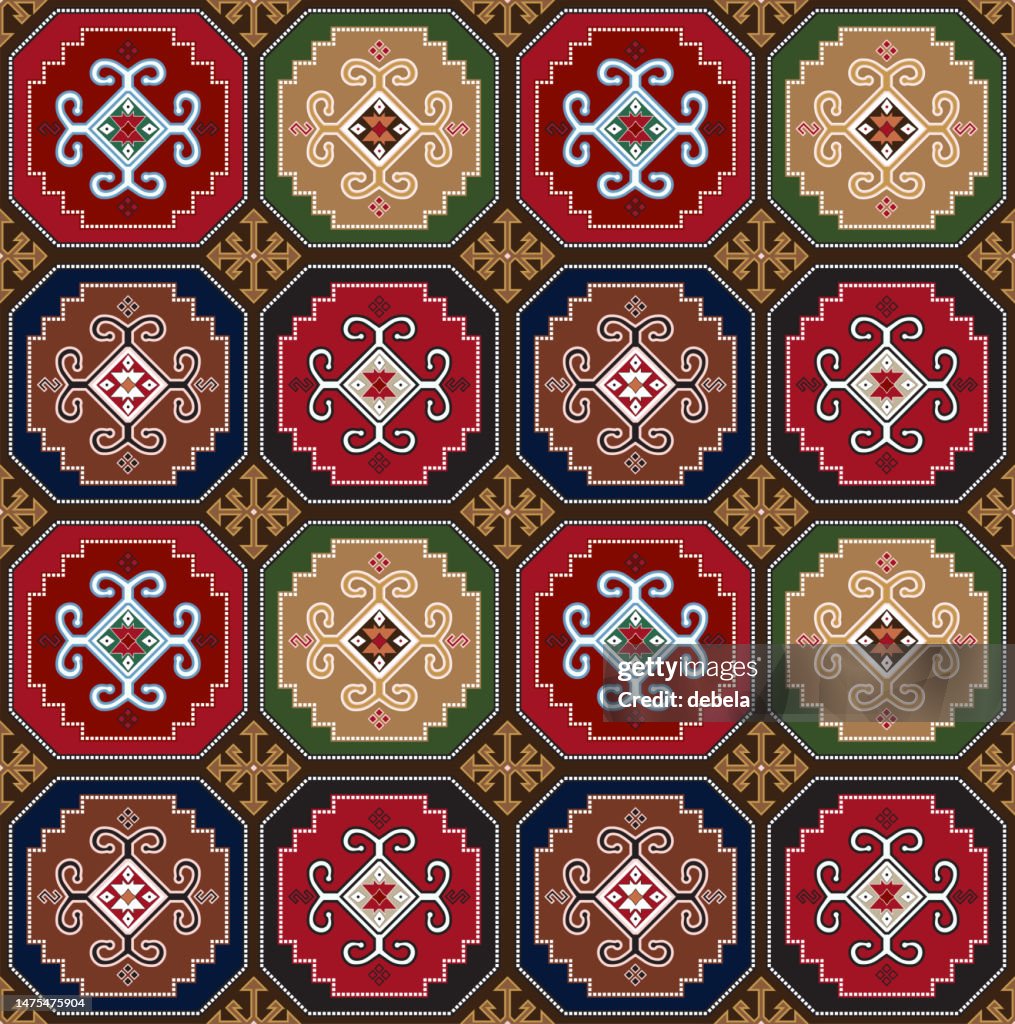 Ethnic motif pattern. Colorful upholstery textile design. Turkish rug fabric swatch.