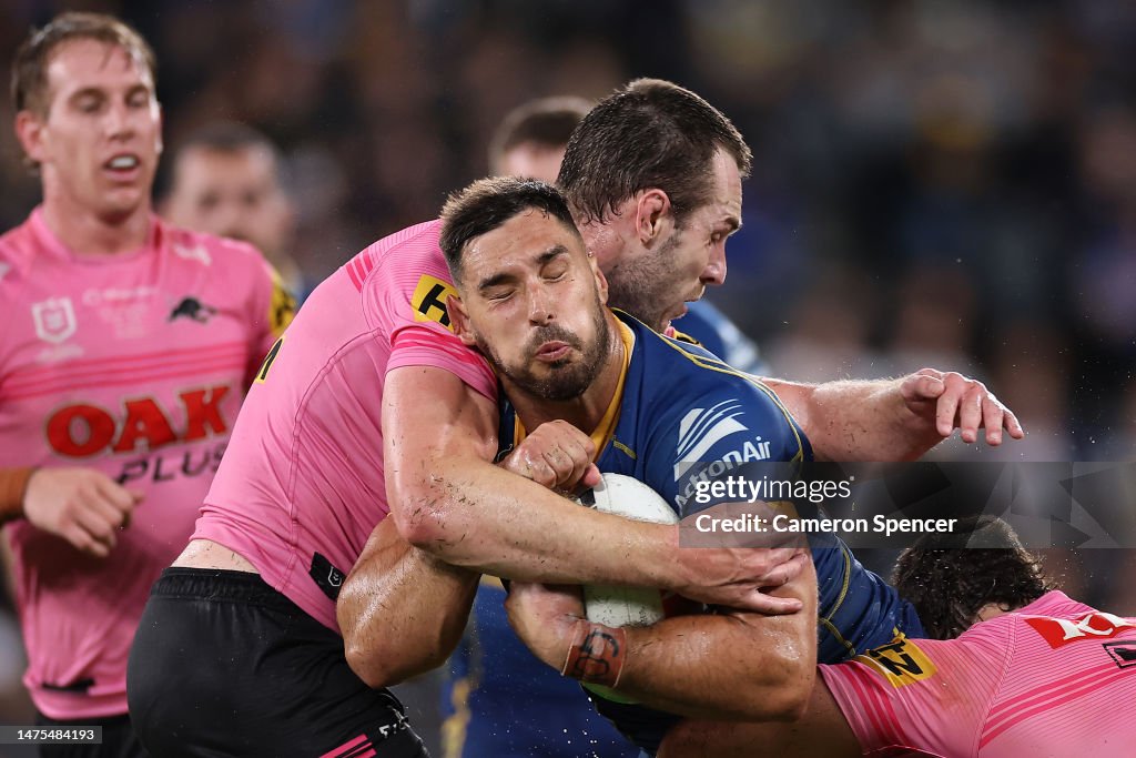 Ryan Matterson Rugby Ryan Matterson of the Eels is tackled during the round four NRL match ...