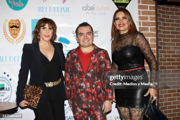 Rebecca Jones, Dr. Gamaliel Valdez and Lili Brillanti pose for photo before a party of Aestathics and Medspa on October 12, 2021 in Mexico City,...