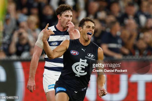 Ed Curnow of the Blues celebrates kicking a goal during the round two AFL match between Carlton Blues and Geelong Cats at Melbourne Cricket Ground,...